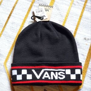 Vans Stackton Striped OTW Checkerboard Cuff Beanie Hat Black White Red OSFA NWT